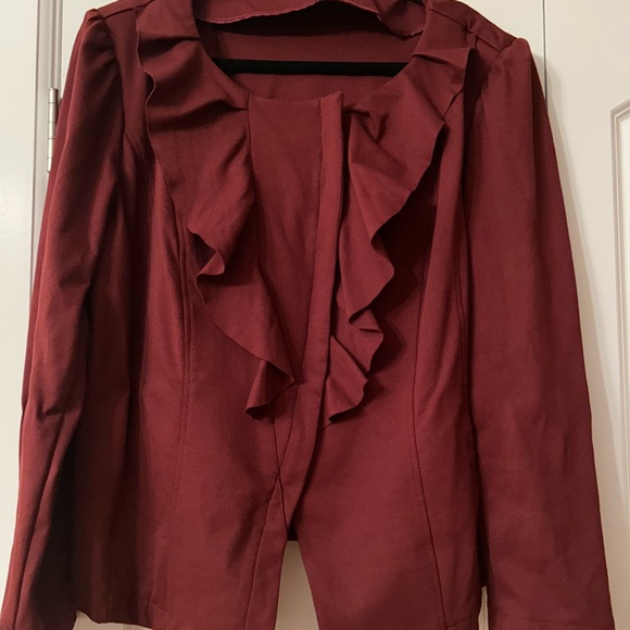 INC International Concepts Jackets & Blazers - INC International Concepts Burgundy Ruffled Blazer